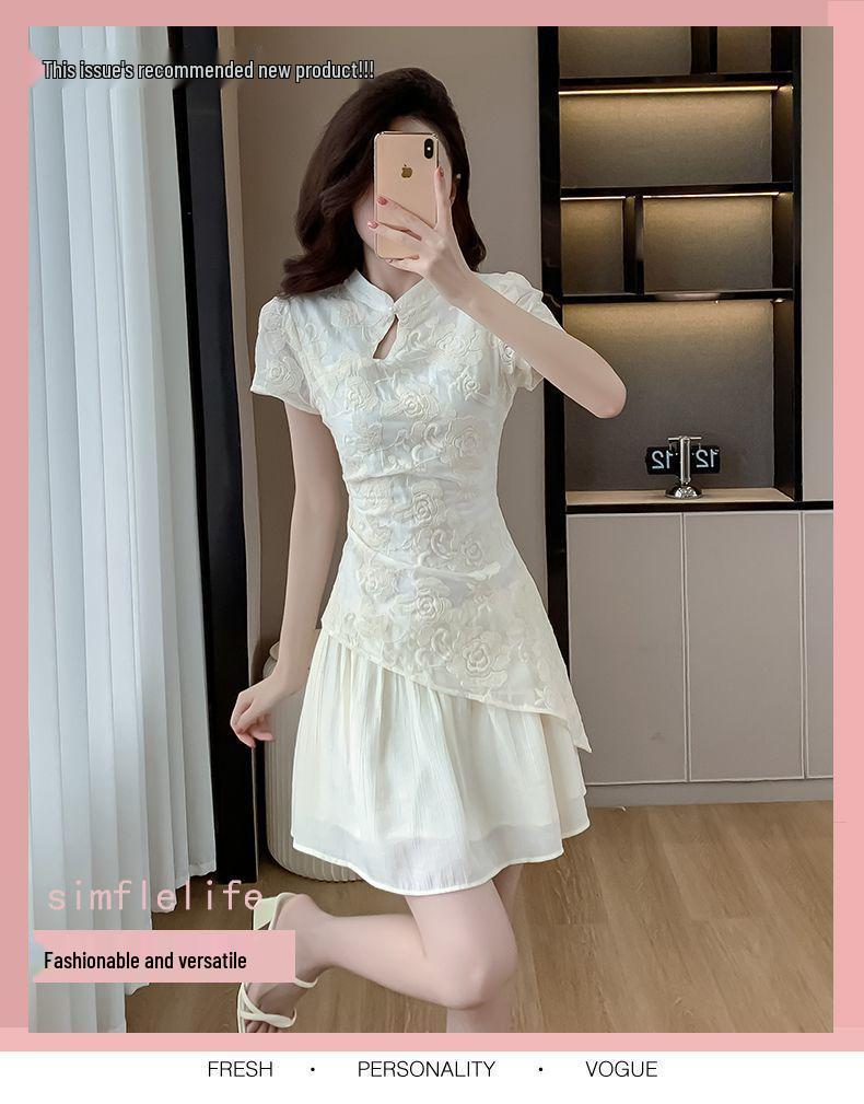 Zen-Style Jacquard Stand Collar Short Sleeve Irregular Chiffon Tea Dress