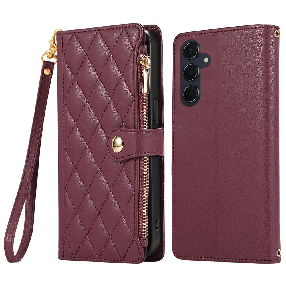 For Samsung Galaxy A16 4G/5G/A26 5G Case Multi Card Slots Zipper Rhombus Leather Phone Cover with Wrist Strap