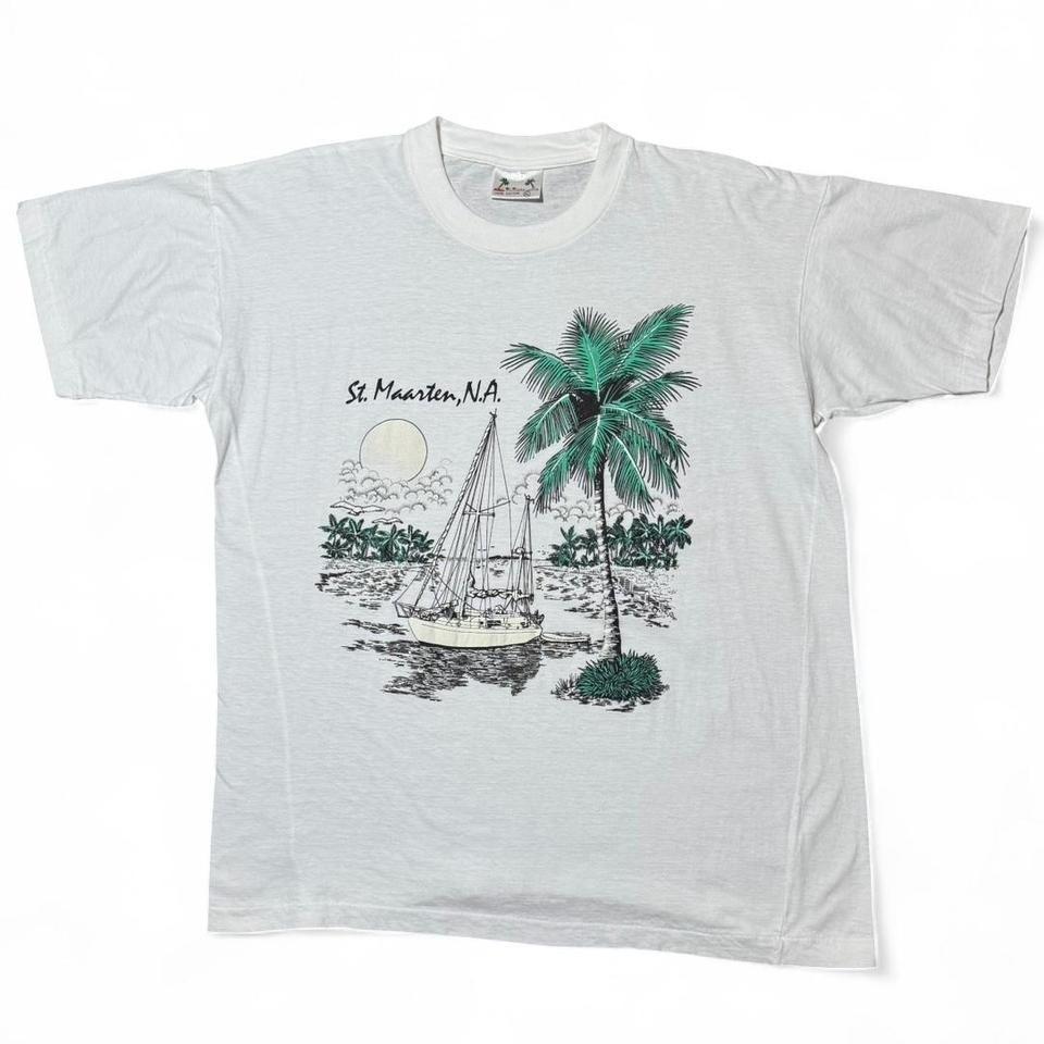 Vintage 80s St. Maarten Tropical Palm Tree Ocean Beach Graphic Souvenir T-shirt M