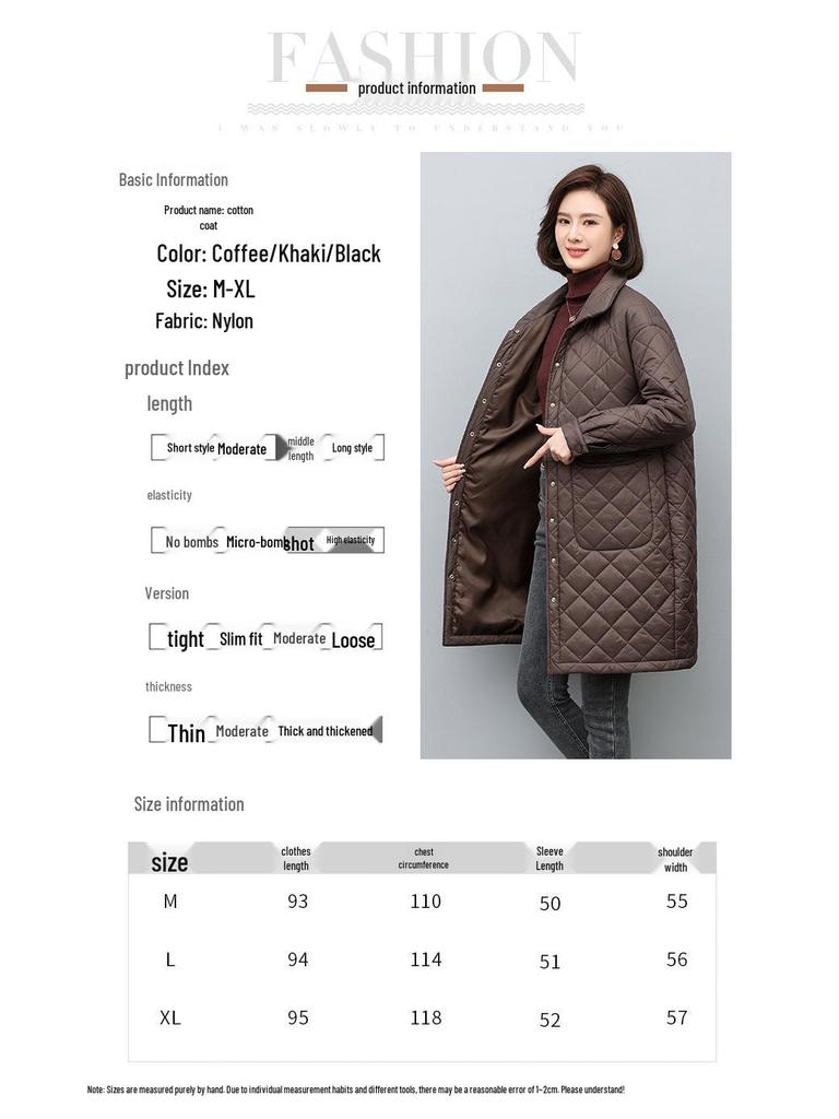 Women's Mid-Length Diamond Quilted Cotton Jacket for Early Autumn/Winter 2024 - Lightweight Outerwear for All Ages