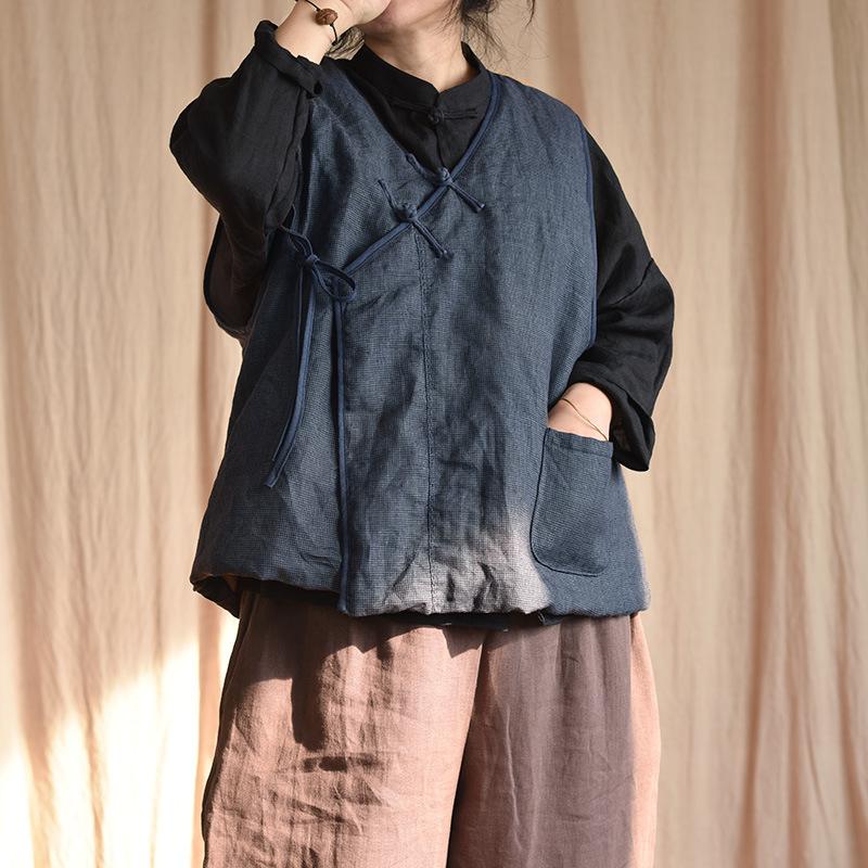 Johnature Women Chinese Style Linen Vests Coat V-Neck Sleeveless Patchwork Pockets Solid Color Fall Women Vintage Vests