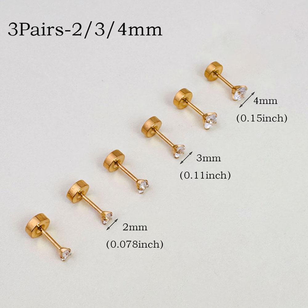 6Pairs Stainless Steel Flat Back Screw Studs Earrings For Women Men 4 Prong Tragus Small Round Clear Cubic Zirconia Ear Jewelry