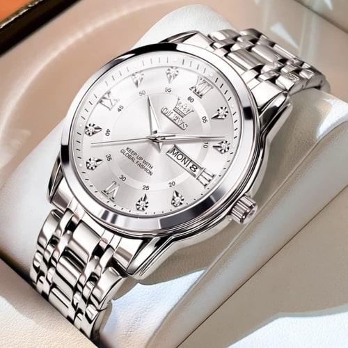OLEVS Men's Silver Watch, Popular Quartz Movement, Calendar, Waterproof, Stainless Steel, Stylish Brand