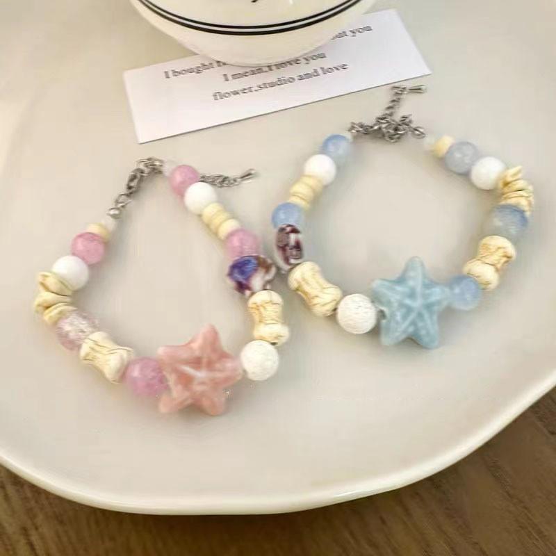 Charming Pink Ceramic Starfish And Shell Beaded Bracelet For Couples And Friends 2024 Summer Trend