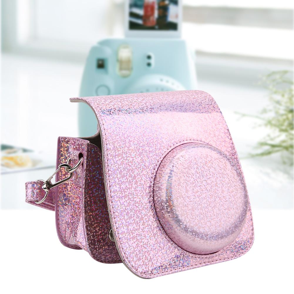 Sparkling Color Vintage PU Lther Camera Portable Bag Case  ive Pouch Cover with Shoulder Strap For     8/ 8+/ 9(Sparkling Pink )