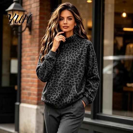 Loose Fit Sweatshirt Women Leopard Print Sweatshirt, Mock Neck Long Sleeve Pullover with Top Kangaroo Pocket, Drop Shoulder Casual for Fall