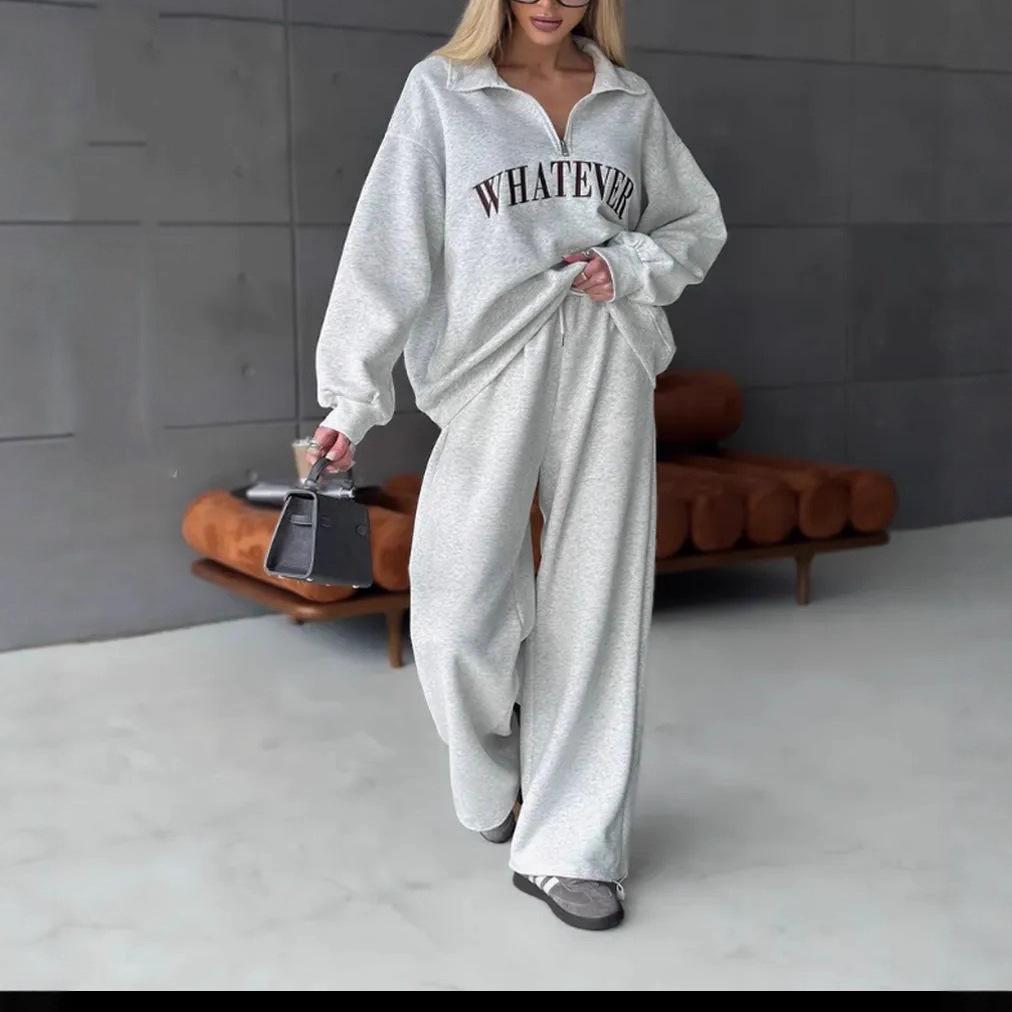 Europe, America, Cross-border, Women's Clothing 2025 New Fashion Casual Suit Printed Long-sleeved Sweater Zipper Trousers Two-piece Set