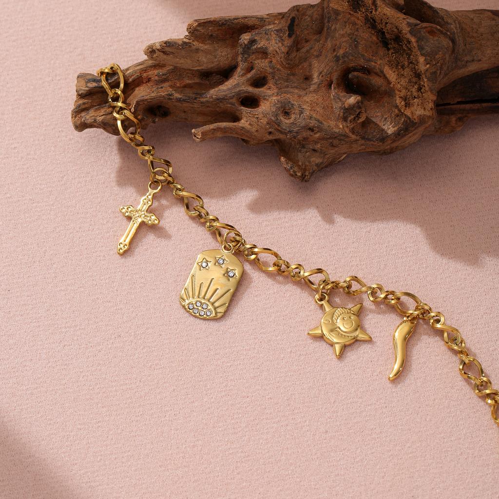 Golden Tone Stainless Steel Multi-Charm Bracelet with Cross and Sun Pendants for Women