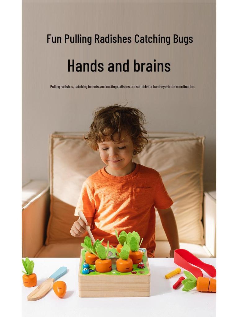 Montessori Toddler Puzzle: Four-in-One Fine Motor Skills Wooden Toy with Carrot Pulling and Cutting Fun