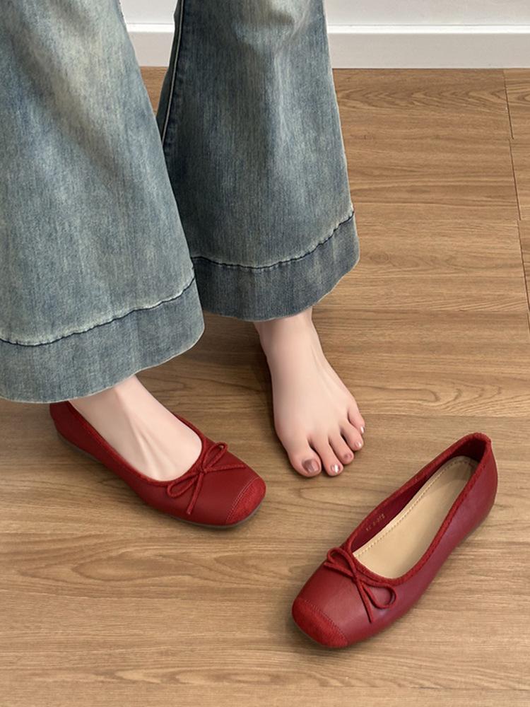 Sheepskin French Small Man Inner Height Increase Leather Shoes Ballet Single Shoes Women's Shallow Mouth Bow One Pedal Single Shoes
