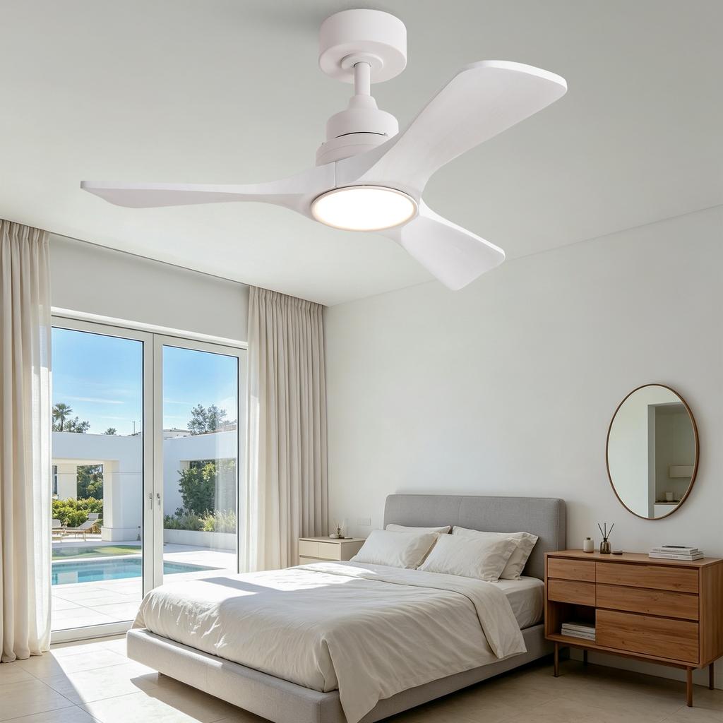 36-Inch Ceiling Fan in White, Propeller Blades of Solid Wood, Wireless Remote Control, 3CCT, Reversible DC Motor, Six Speed Settings, Power-Off Memory