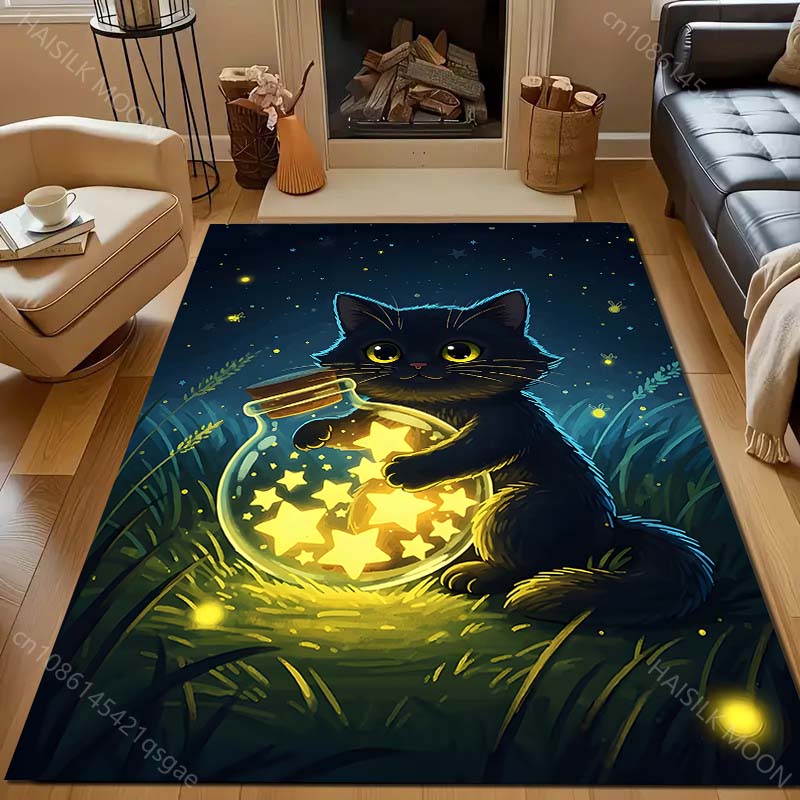 1PC Black cat holding star jar Carpet for Living Room Bedroom Sofa Home Decor Rus Non-slip Floor Mat Luxury Gift