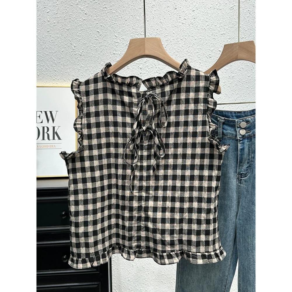 Женский французский ретро клетчатый топ без рукавов - Летняя мода с оборками по подолу и завязками на открытой спине One Size (High Quality)