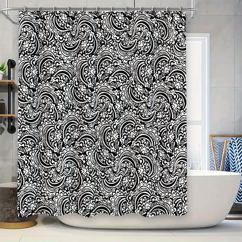 

Black White Paisley Shower Curtain Waterproof Bathroom Decor Printed Bath Mat 180X240Cm W60H190(CM)-1 Pcs