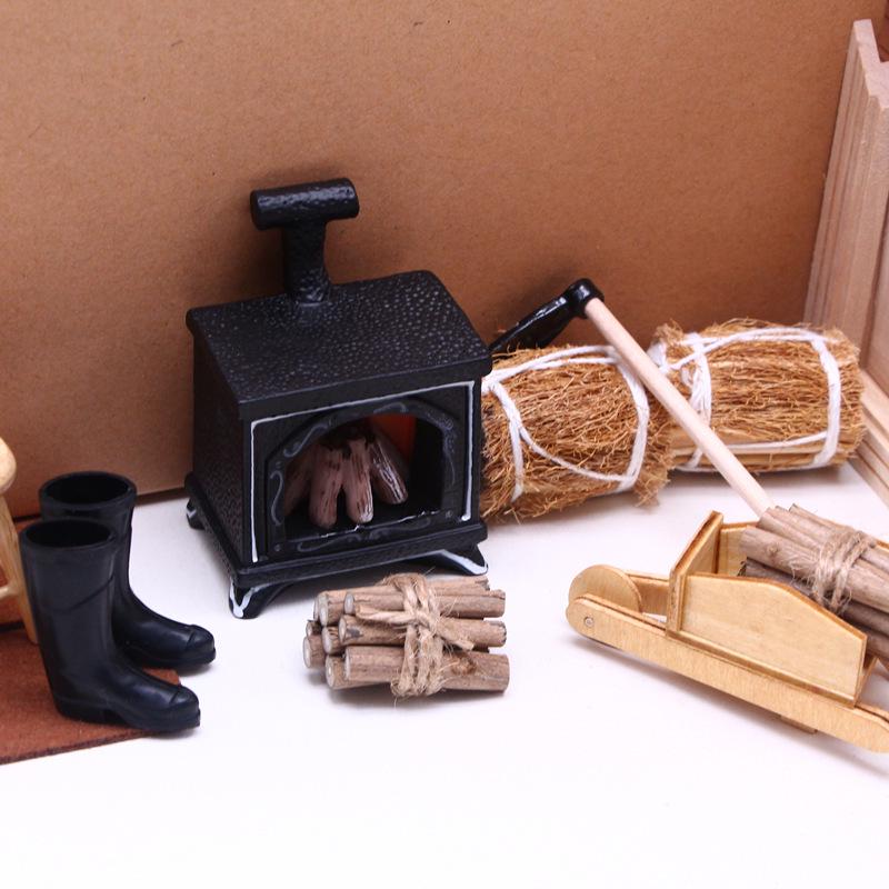Dollhouse Winter Scene Set: Mini Straw Bag, Wooden Matchbox, Small Cart, Lightable Fireplace
