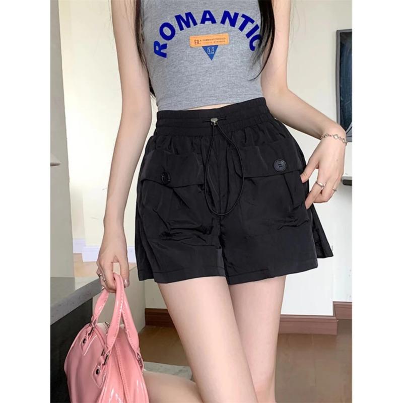 Women s Quick-Dry Cargo Shorts, Elastic Waist Drawstring Casual Shorts With Buttoned Pockets M чёрный