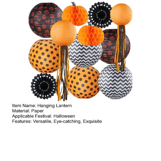 12Pcs Halloween Party Decorations Honeycomb Pumpkin Ball Lanterns Paper Fan Hanging Ornaments Indoor Outdoor Spooky Decor for Home Office Party