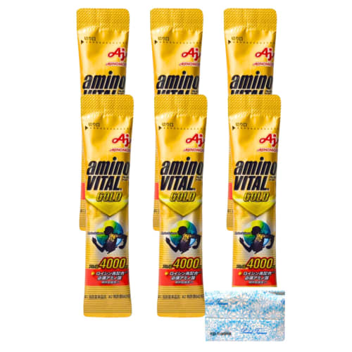 Ajinomoto Amino Vital Gold Grapefruit Flavor Powder (6 Bottles) - 4000mg Amino Acids, BCAA, EAA, Conditioning, Includes Original Pocket Tissues