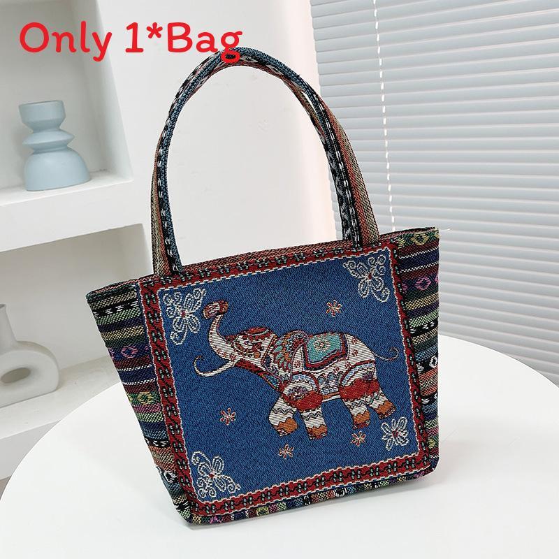 Elephant Embroidered Canvas Handbag With Dual Handles For Casual Daily Use