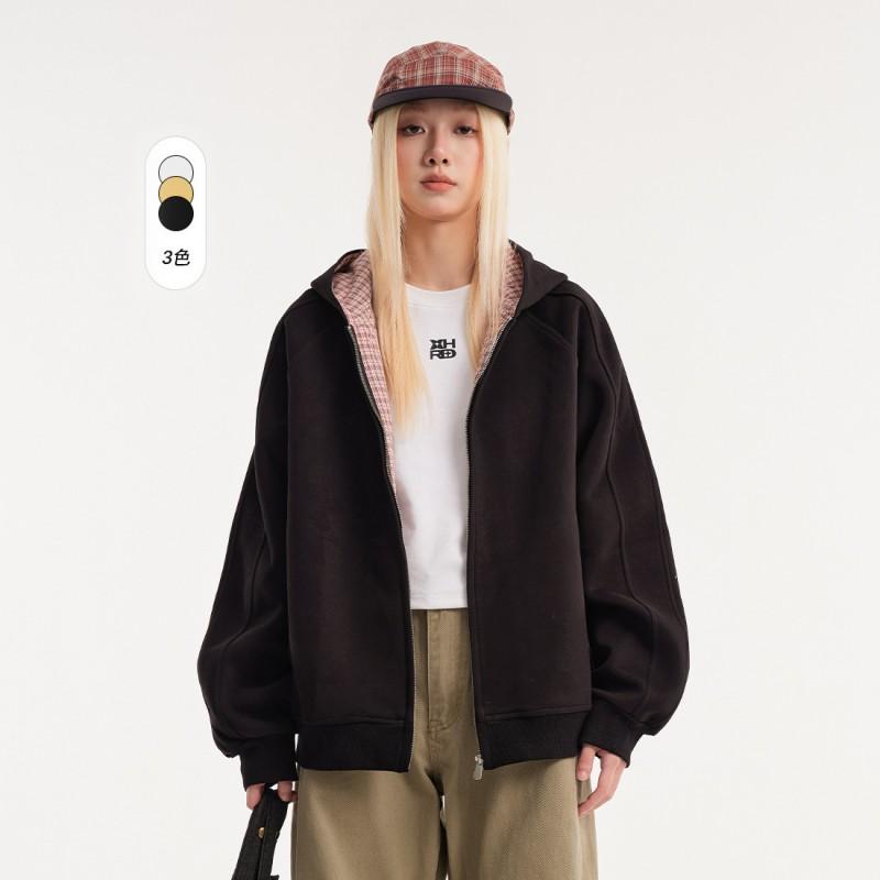 Unisex Oversized Hooded Zip-Up Sweatshirt In Retro Plaid Print Cotton Fall Casual Wear