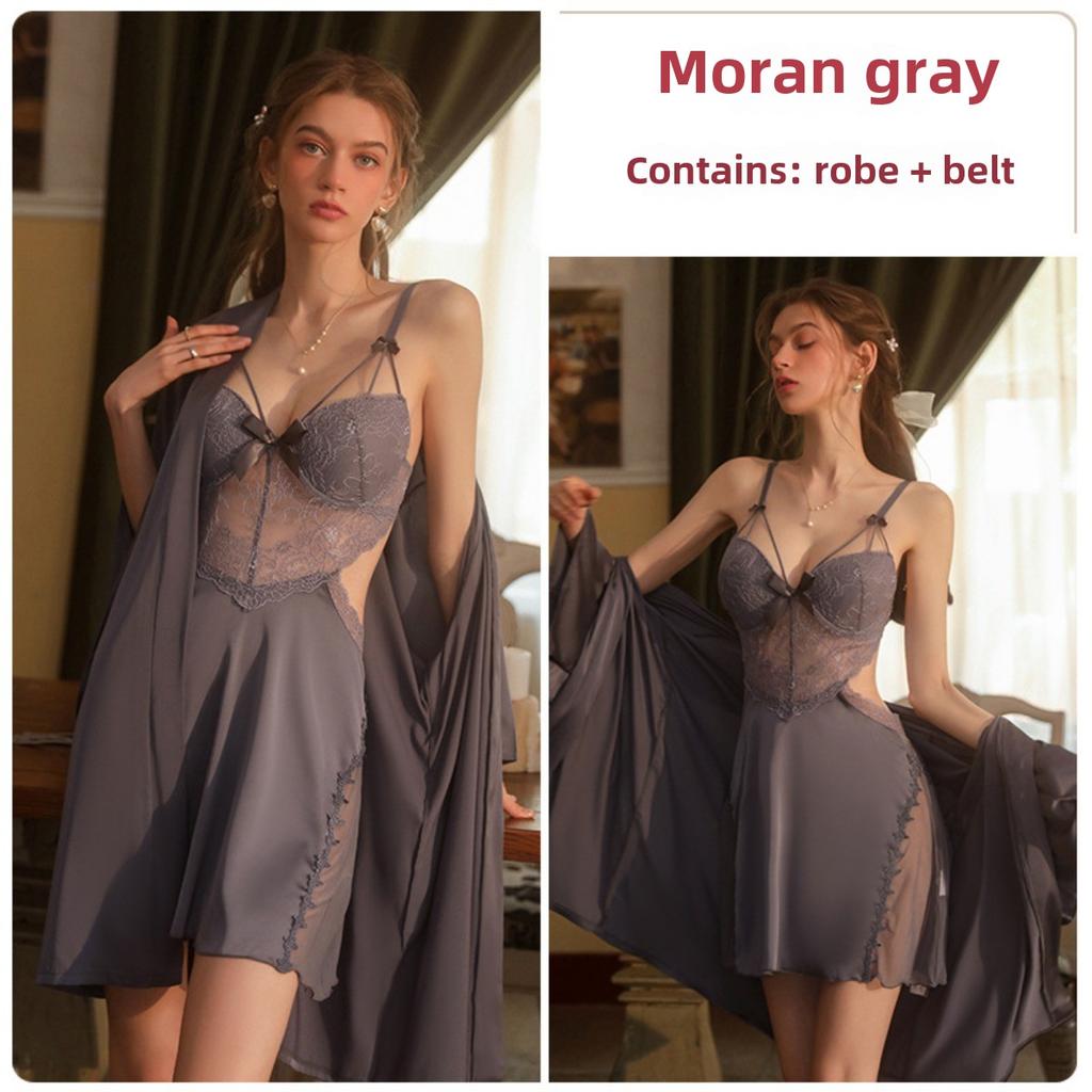 Large Size Ice Silk Plus Chest Pad Steel Ring Gathering Suspender Nightdress Robe Home Set