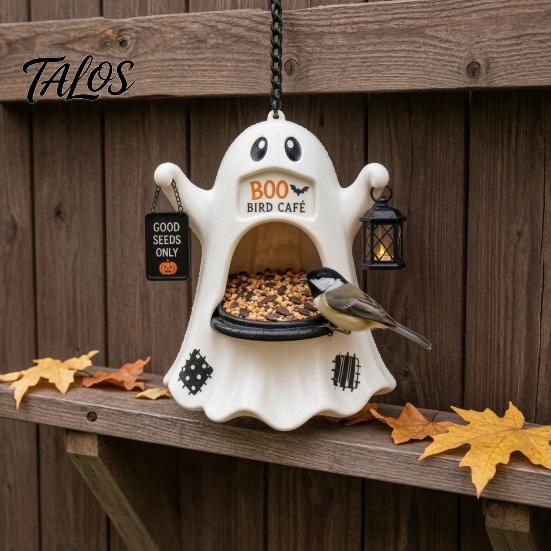Holiday Garden Pendant Halloween Ghost Bird Feeder, Outdoor Hanging Big Mouth Wild Feeding Decor Station, Spooky Resin Statue for Outside Backyard