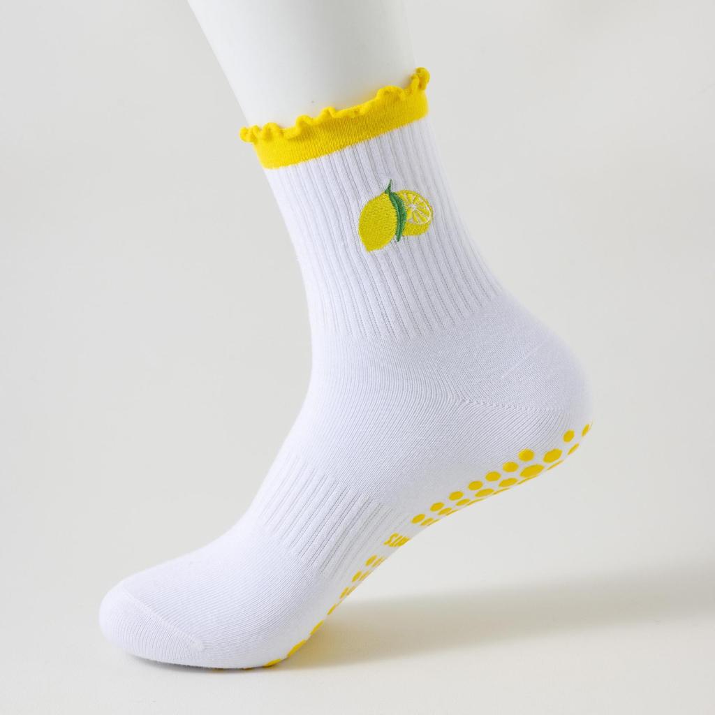 Women's Mid-Tube Non-Slip Yoga Socks with Fruit Embroidery for Fitness, Pilates, and Sports