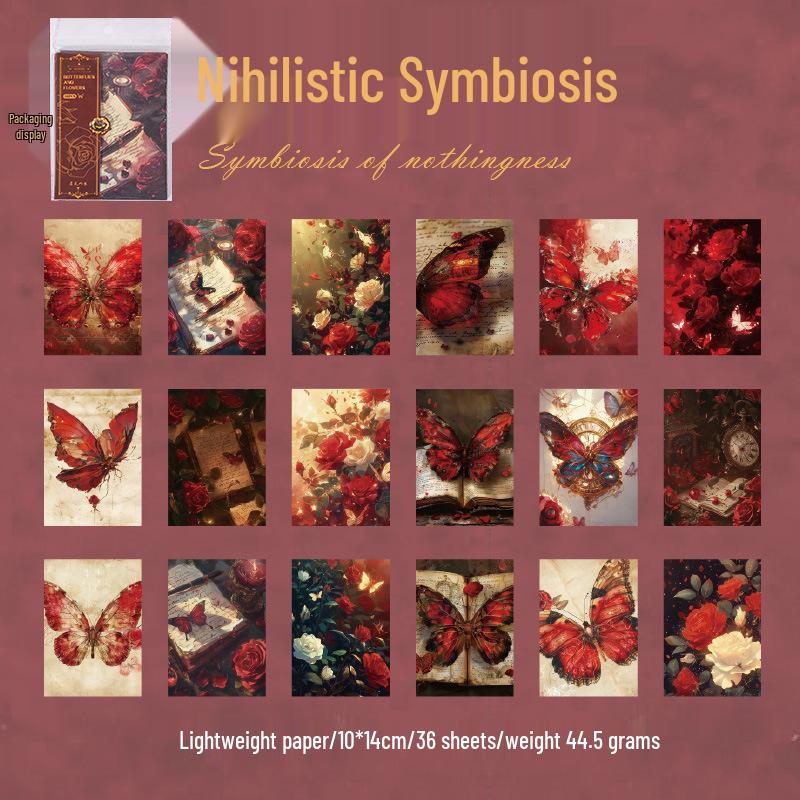 

Yuxian Dark Style Tearable Collage Stickers: 36 Sheets, 4 Retro Styles, Includes Paper Flowers & Butterfly Shadows