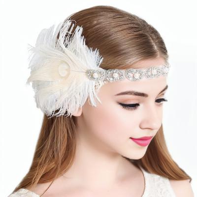 Diadema negra con diamantes de imitación para el pelo, tocado Vintage de los años 20 para fiesta de Gatsby, diadema de plumas para baile de graduación