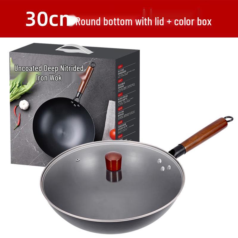 AIMOMA 30cm Non-Coating Nitrided Iron Wok with Lid