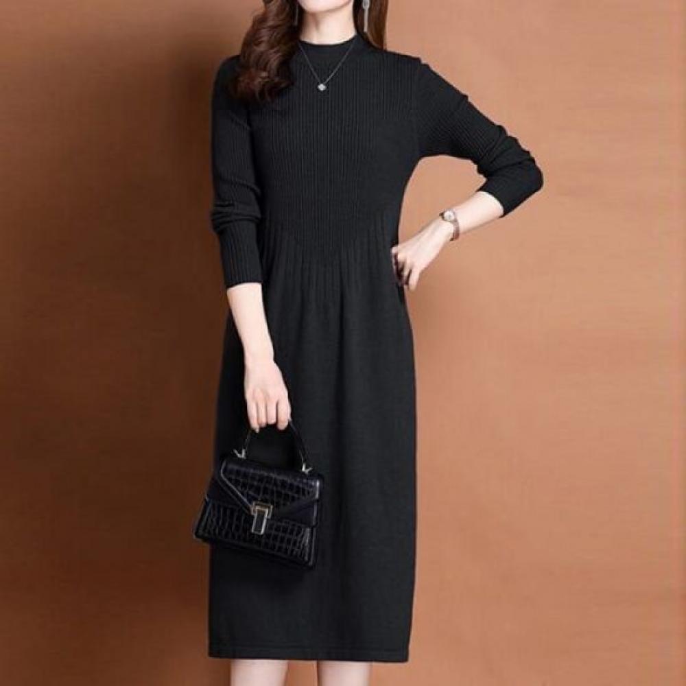 Navava Women Simple Basic Ribbed Mock Neck Long Sleeve Knit Dress No957