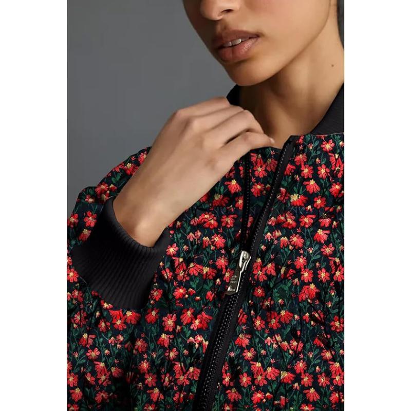 Women's Embroidered Daisy Cropped Bomber Jacket Long Sleeve Quilted Puffer Jackets Padded Coat Outerwear