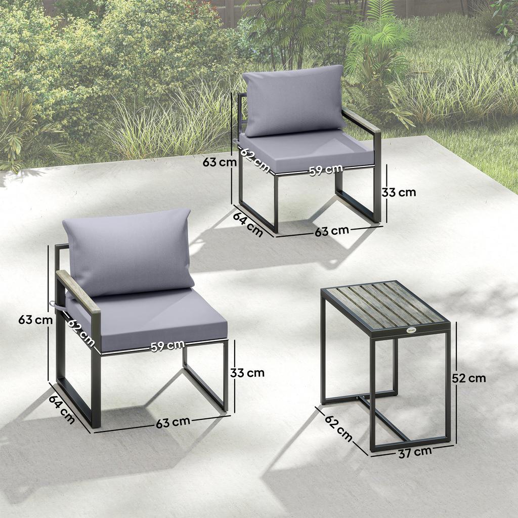 3-Piece Balcony Furniture Set 2 Armchairs with Table Removable Seat & Back Cushions Breathable Cover Grey