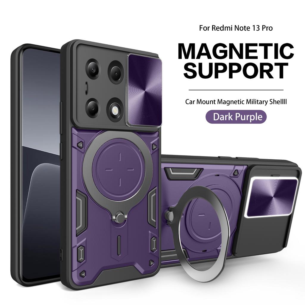 Shockproof Magnetic Case for Redmi Note 13 Pro Plus 5G 4G 13C POCO X6 Pro 5G M6 Pro4G Slide Camera Lens Ring Stand Protect Cover