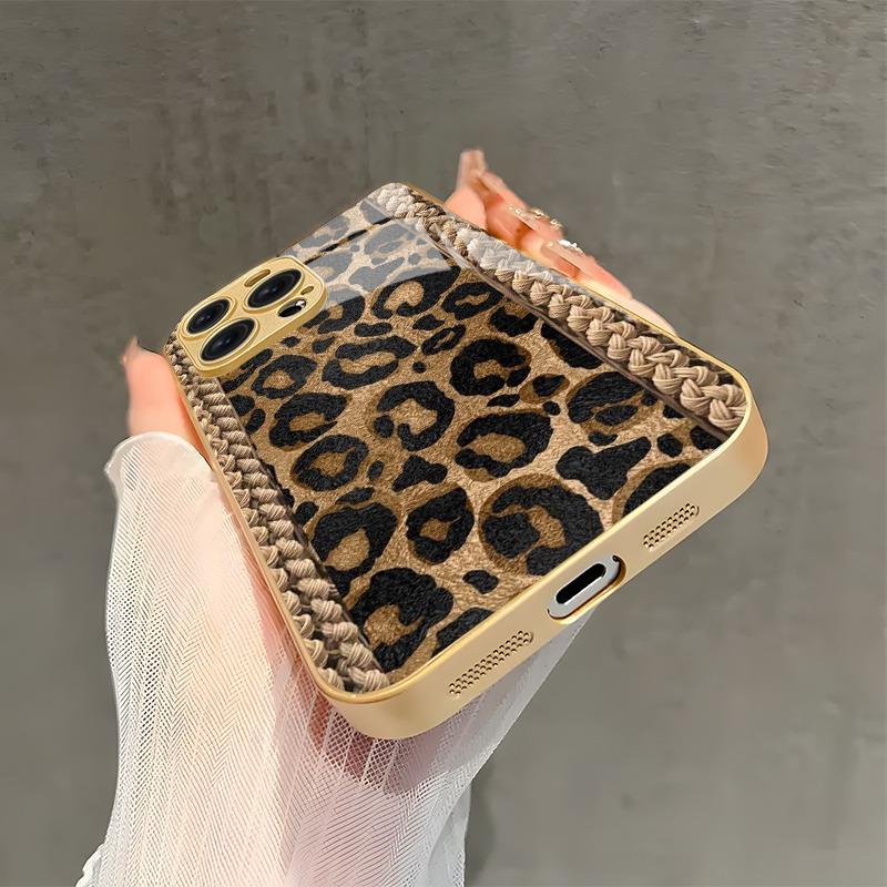 Stylish Retro Leopard Print Gold Metal Paint Glass Phone Case For iPhone 17 16 15 14 13 12 11 Pro Max 14 Plus 17 Air 16E Cover