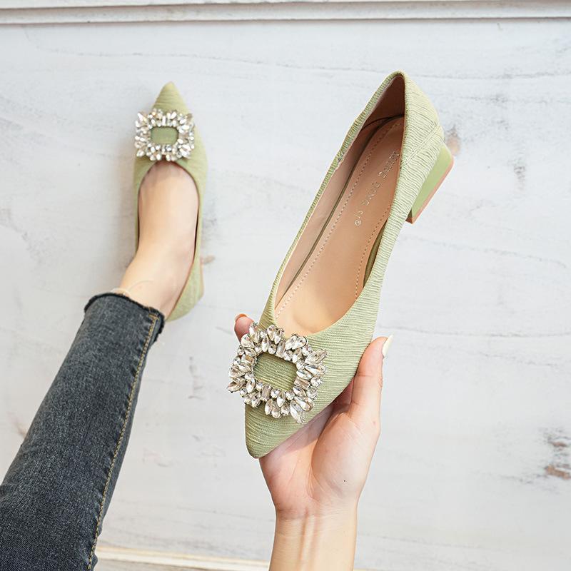 Women Ballerinas Flats 2026 Autumn Rhinestone Pointed Toe Shallow Mouth Comfortable Elegant Low Heel Soft Sole Single Shoes