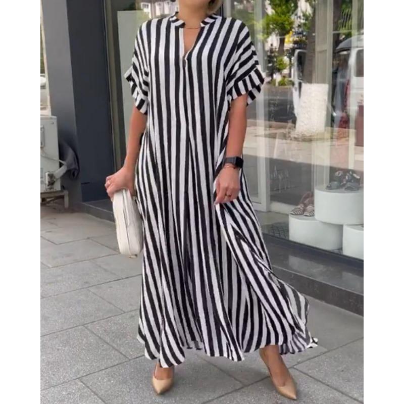 Summer New Women's Striped Printed Slit Long Dress