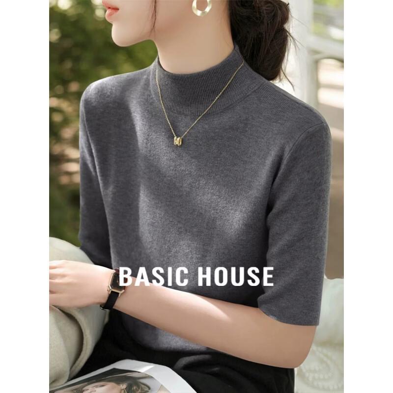 

Basic House Women s Half-High Collar Five-Sleeve Knit Sweater S