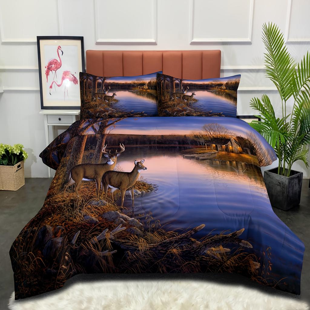 Comforter 2/3-Pcs Digital Printed Deer 3D Bedroom Machine Washable Bedding Set Super Soft Suitable For All Seasons