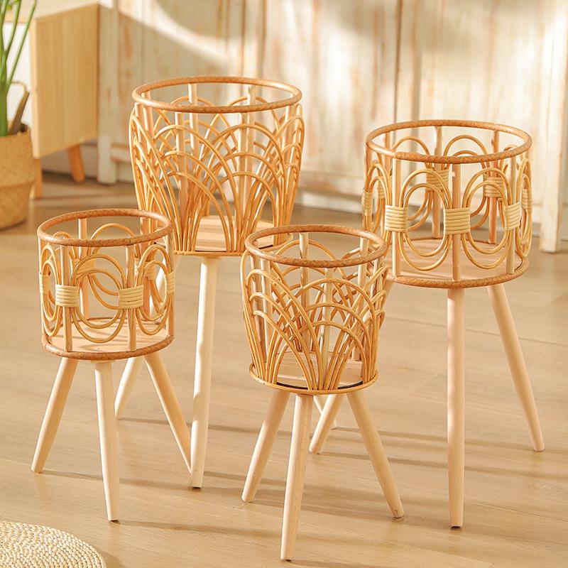 Triangle Floor-Standing Woven Rattan Flower Pot Stand