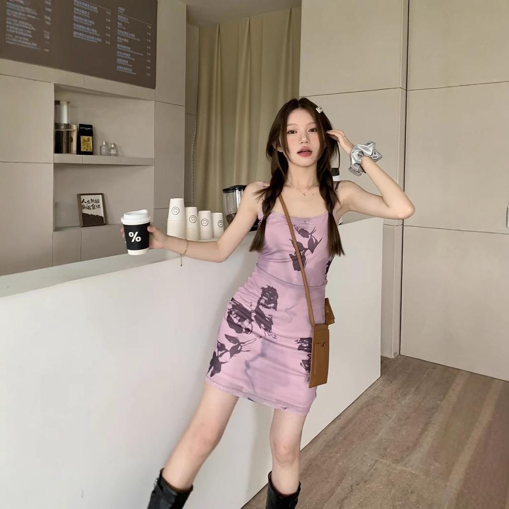 Retro ink printing sleeveless short suspender dress women's clothing slim and thin high waist design Spice girl short skirt