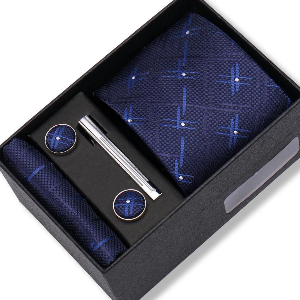 Men's Black & Wine Red Striped Plaid Tie Set with Pocket Square - Formal Wedding Gift Box
