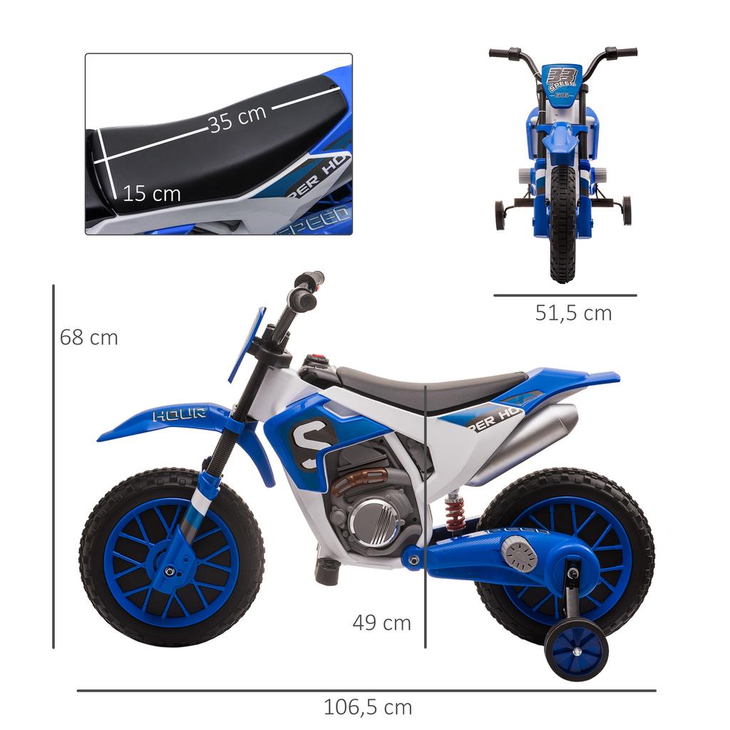 Moto per Bambini, Moto Elettrica, Autonomia 45 Minuti, con Rotelle Ausiliarie, da 3 Anni, Blu+Bianco, 106,5 x 51,5 x 68cm