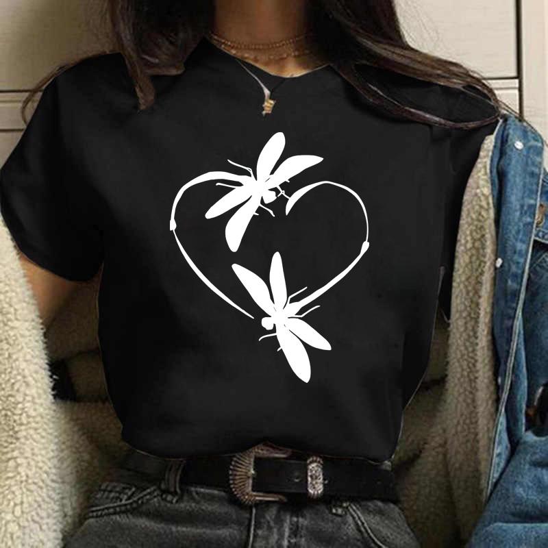 New Love Heart Dragonfly Print Women T-Shirt Fashion Casual Short Sleeves Ladies O-Collar T Shirts Streetwear Graphic Print Tops