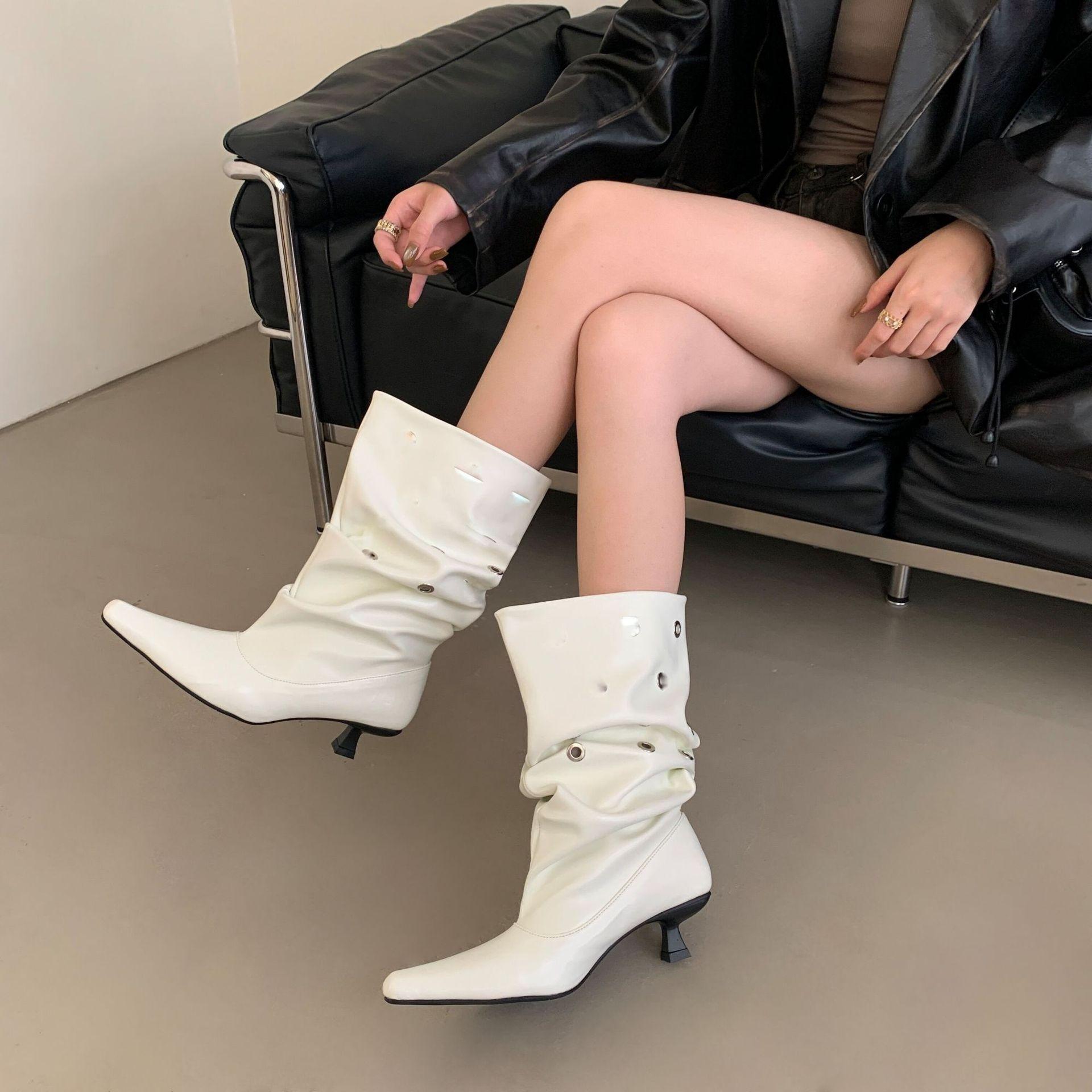 

2025 spring and summer new white head cowhide foreign gas hollow heightening short boots pointed super high heel niche medium tube women s shoes 39 белый