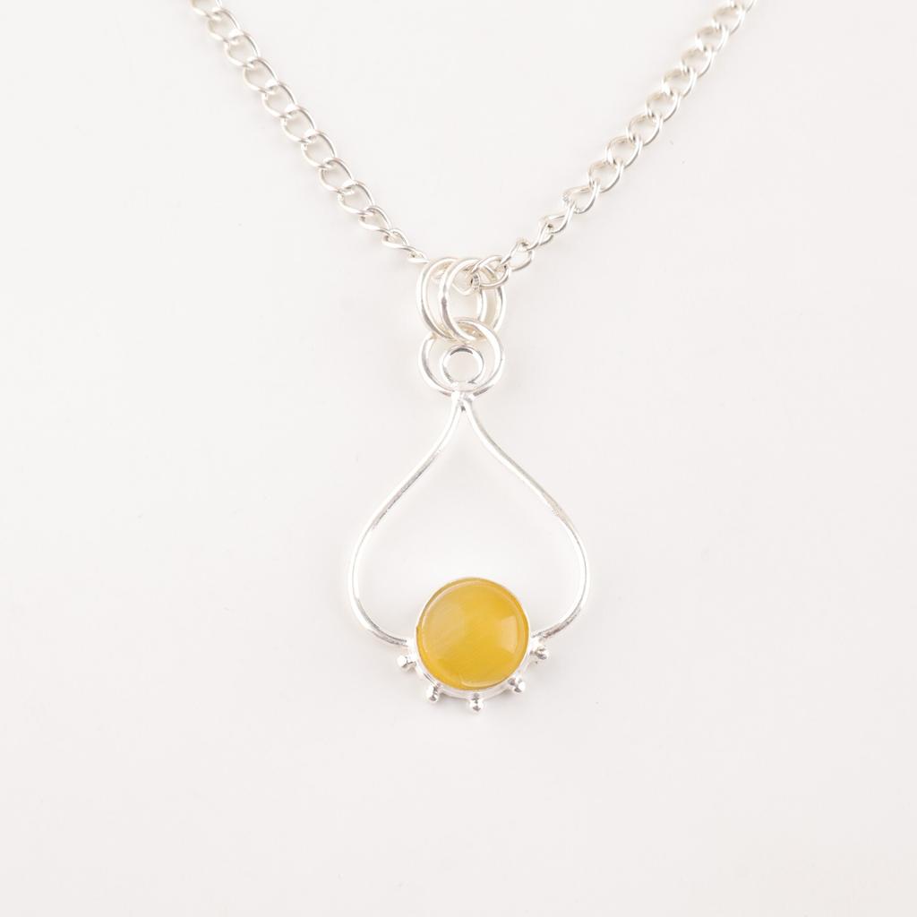 Natural Yellow Cat's Eye Gemstone 925 Solid Silver Jewelry Handcrafted Pendant PP-40-49