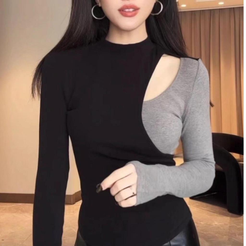 Original Quality Spicy Girl Cutout Color Block Long Sleeve Women's Slimming T-shirt for Autumn/Winter
