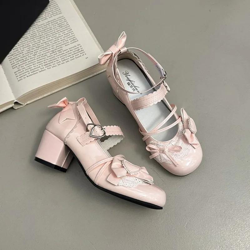 Fashion Cute Japanese Small Leather Shoes Women Sweetheart Story Lace Kitten Heel Single Shoes Mary Jane Shoes Women