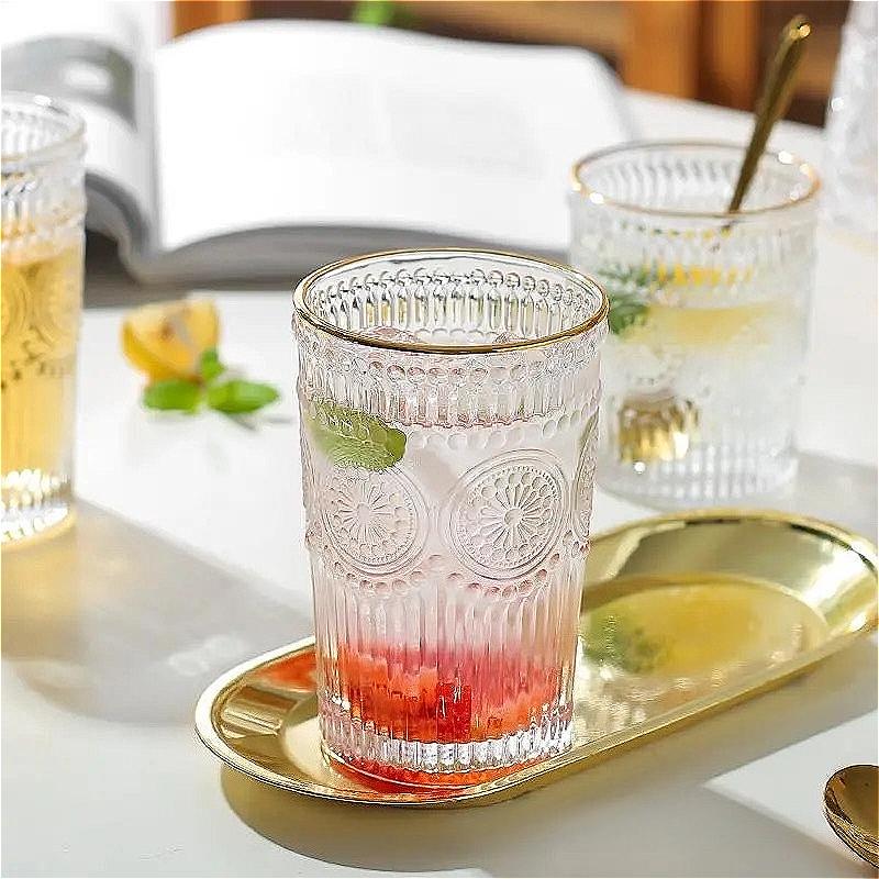 300ml/350ml Exquisite Whiskey Glass Sunflower Patterned Cocktail Glass Nordic Style Water Cup Golden Edged Glass Cup Coffee Mug
