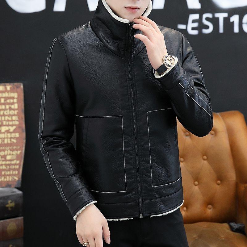 Lederjacke Herren Neu Pelz Einteilig Herren Lässig Revers Retro Motorradjacke Plus Samt Verdickt Lederjacke